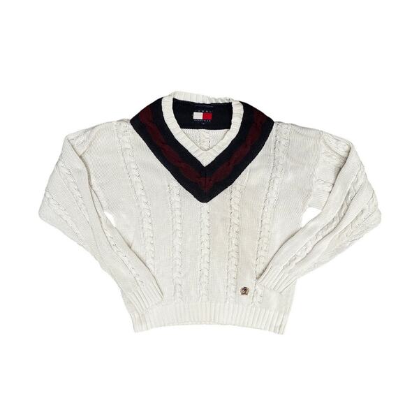 Vintage 90s Tommy Hilfiger Varsity Academia Cable Knit Sweater 100% Cotton Large - Picture 2 of 6